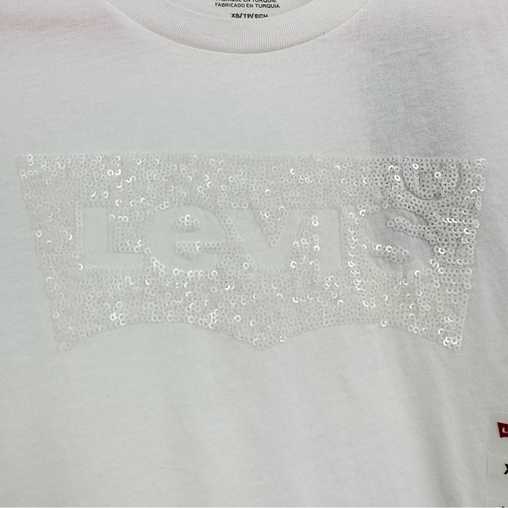 Levi's White Graphic T-Shirt NWT Sequined Logo Crew Neck SS 100% Cotton Sz XS